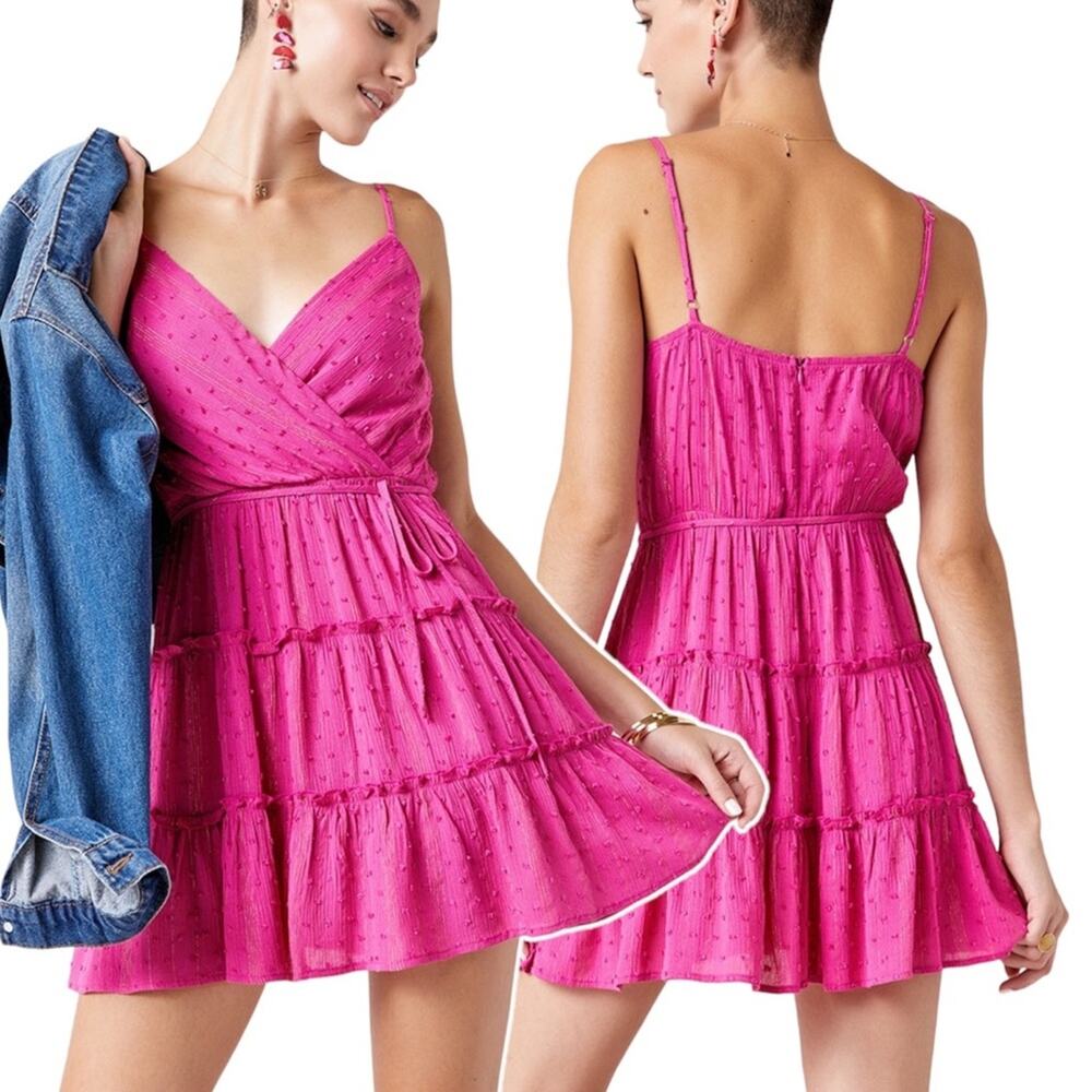 Francesca’s Blue Rain Christina Magenta Pink Clip Dot Surplice Mini Dress Large
